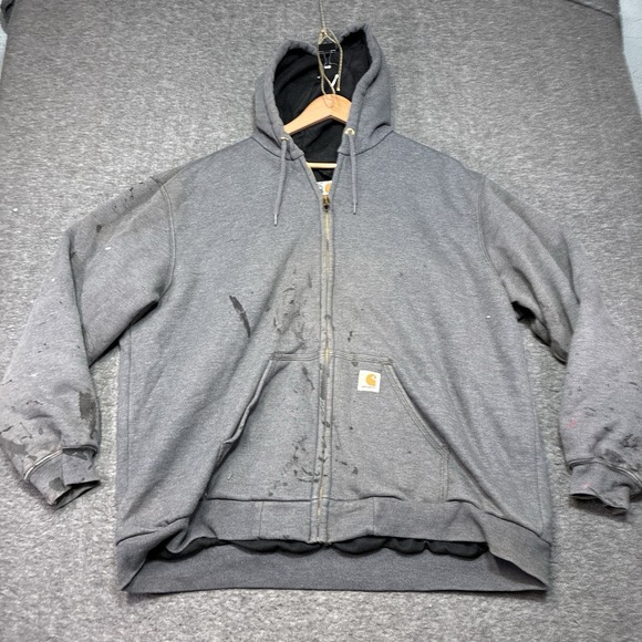 Carhartt Hoodie Men XL Gray Thermal Lined Full Zip Rain Defender 100632 Thrashed